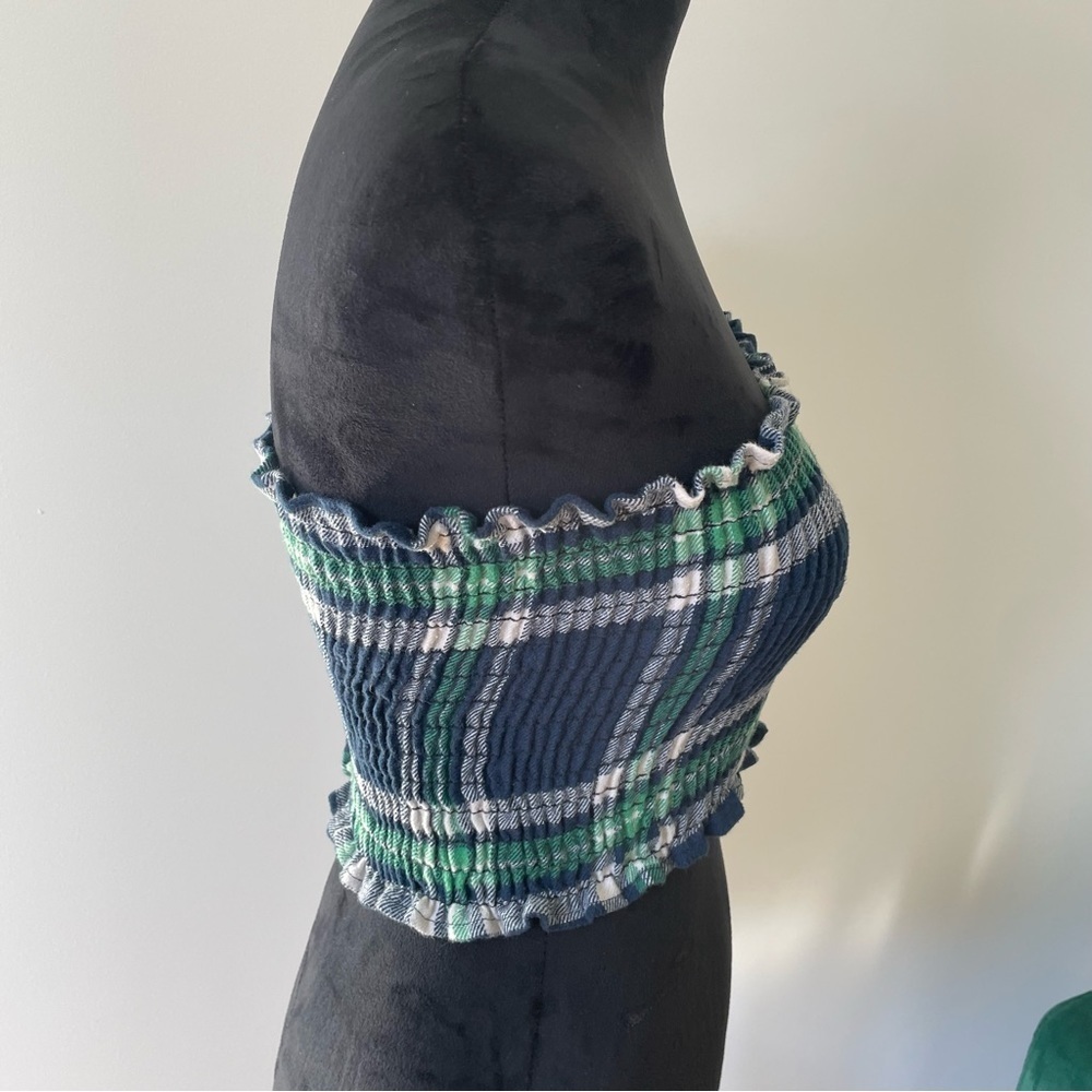 LF Furst of a Kind Blue Green Plaid Smocked Ruffle Trim Tube Top EUC One Size - Picture 4 of 6